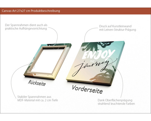 Produktbeschreibung Leinwandbild mit dem Schriftzug Enjoy the Journey, Rückseite und Vorderseite sind abgebildet