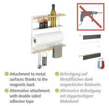 Magnetisches Küchenregal mit zwei Ablagen, Papierrollenhalter, Handtuchhalter und Küchenutensilien