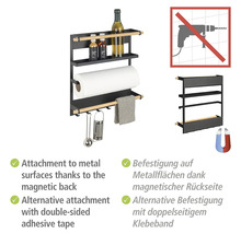 Magnetisches Küchenregal mit drei Ablagen, Papierrollenhalter und Hakenleiste