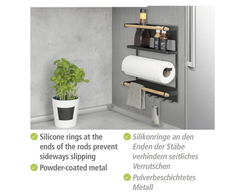 Magnetisches Küchenregal mit Holzstange, Papierrolle, Gewürzen und Kräutertopf
