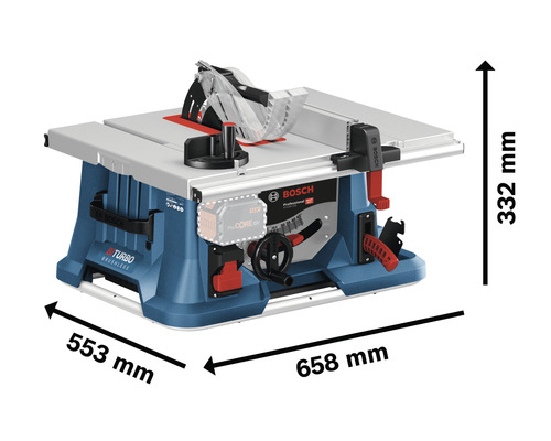 Bosch Akku-Tischkreissäge mit den Maßen 658 x 553 x 332 Millimeter