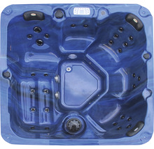 Blauer Whirlpool mit mehreren Sitzen und Düsen von oben
