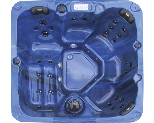 Blauer Whirlpool mit mehreren Sitzen und Düsen von oben