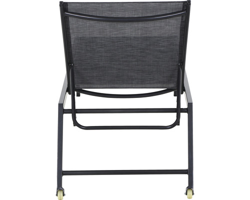 Rückansicht einer Sonnenliege mit Rollen und Textilbespannung