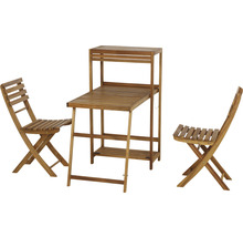 Gartentisch mit Regal und zwei Klappstühlen aus Holz