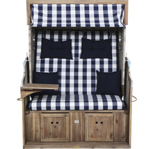 Strandkorb aus Holz mit blau-weiß kariertem Stoff, inklusive Kissen und Ablagetisch