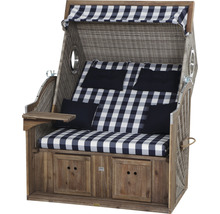 Strandkorb mit Stauraum, aus Holz und Rattan mit blau-weiß karierten Polstern und Markise