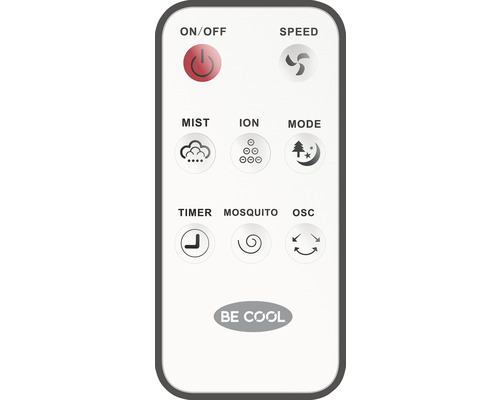 Be Cool Fernbedienung mit Tasten für Ein/Aus, Geschwindigkeit, Nebel, Ion, Modus, Timer, Mückenschutz und Oszillation