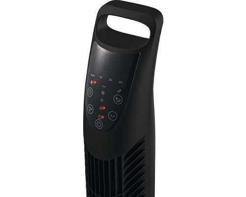 Schwarzer Turmventilator mit Bedienelementen und Tragegriff