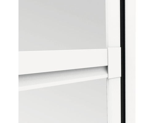 Insektenschutz Windhager EXPERT Pendeltür weiss 100x210 cm Detailansicht eines weißen Regalsystems, das die Konstruktion und Verbindungselemente zeigt