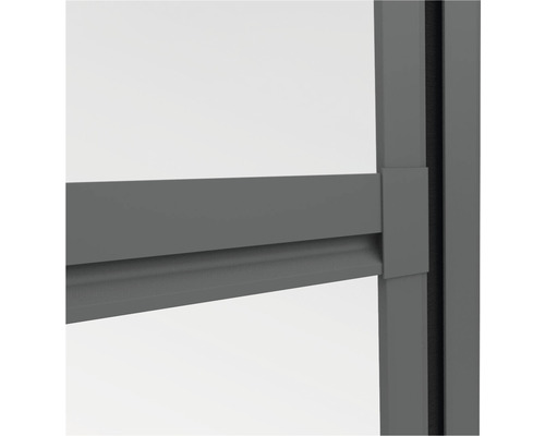 Insektenschutz Windhager EXPERT Pendeltür anthrazit 100x210 cm Detailansicht eines grauen Terrassendachs mit Rahmenprofilen