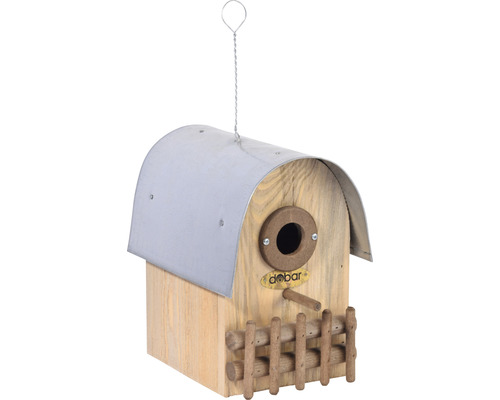 Vogelhaus aus Holz mit Metalldach und kleinem Zaun