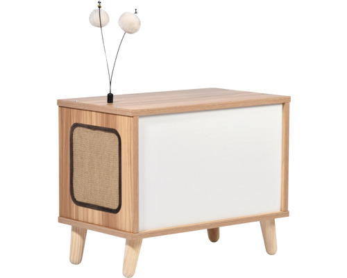 Katzentoilette aus Holz mit Spielzeug oben drauf