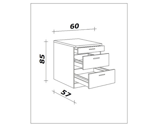 Zeichnung eines Kommodenschranks mit drei Schubladen und Maßangaben