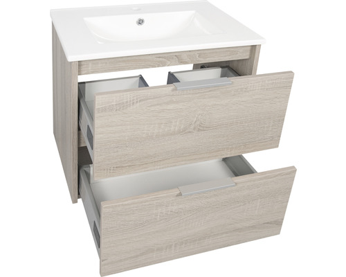 Waschtischunterschrank mit zwei offenen Schubladen und Keramikwaschbecken