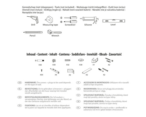 Abbildung von Werkzeugen und Befestigungsmaterialien wie Bohrmaschine, Schraubendreher, Schrauben und Dübel