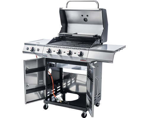 Offener Gasgrill mit vier Brennern, Seitentischen und Unterschrank