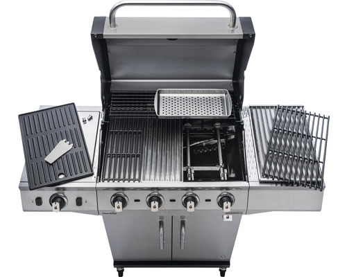Offener Edelstahl-Gasgrill mit Grillrosten, Warmhalterost und Seitenbrenner