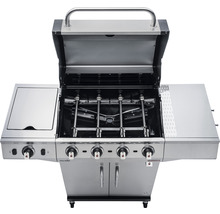 Gasgrill mit offenem Deckel, Seitenablagen und Bedienknöpfen.