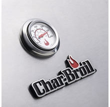 Detailansicht eines Grillthermometers und des Char-Broil Logos.
