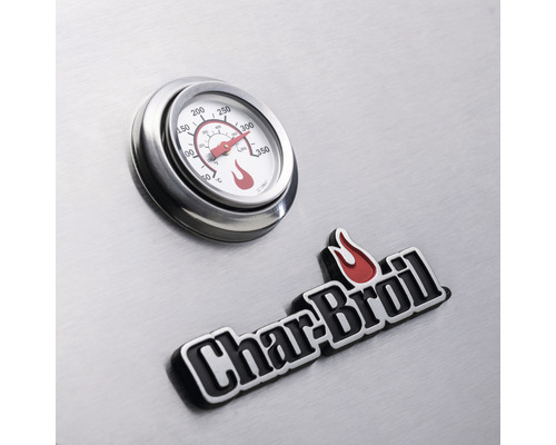Detailansicht eines Grillthermometers und des Char-Broil Logos.
