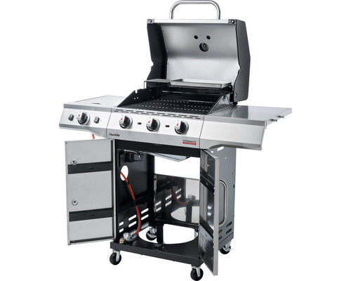 Gasgrill mit vier Brennern, Stauraum und Seitenablagen.