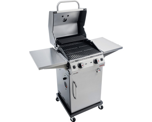 Gasgrill mit offenem Deckel und zwei Seitentischen