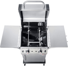 Offener Gasgrill mit zwei Brennern und Seitenablagen