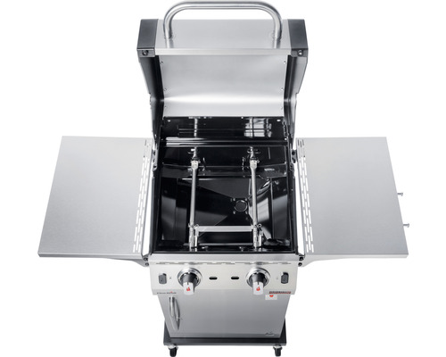 Offener Gasgrill mit zwei Brennern und Seitenablagen