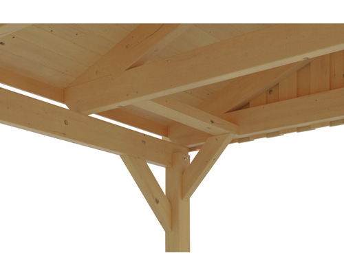 Detailansicht eines Holzpavillons mit Trägerkonstruktion