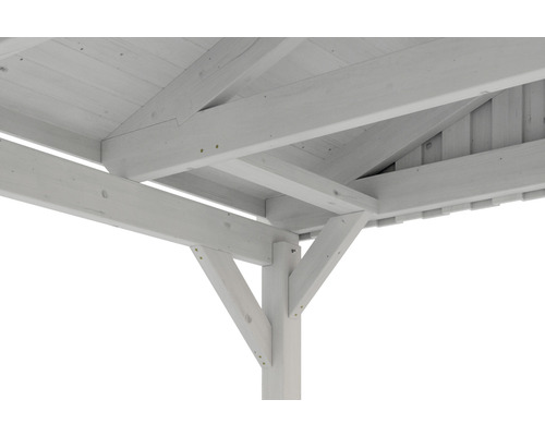 Detailansicht eines Holzpavillons mit Pfosten und Dachkonstruktion