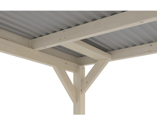 Detailansicht eines Holzpavillons mit Metalldach