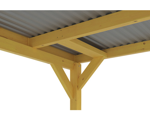 Detailansicht einer Holzkonstruktion mit Metalldach