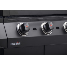 Nahaufnahme eines schwarzen Gasgrills mit Drehknöpfen und dem Char-Broil Logo.