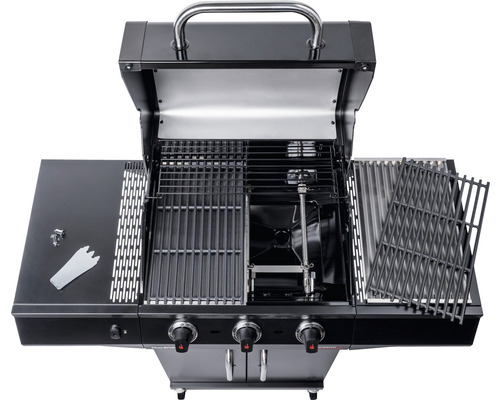 Geöffneter Gasgrill mit Grillrost, Warmhalterost und Seitenbrenner