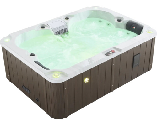 Sprudelbad mit brauner Verkleidung und grün schimmerndem Wasser