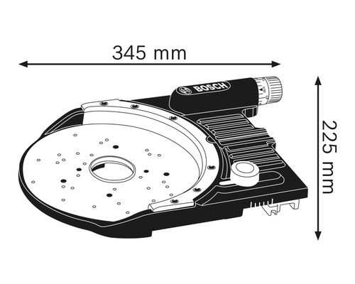 Bosch Logo, Abbildung einer Fräsvorrichtung mit den Maßen 345 mm Breite und 225 mm Höhe