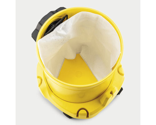 Gelber Staubsauger mit Filtersack von oben