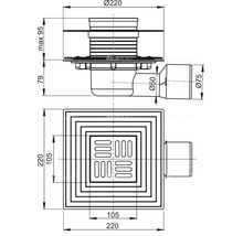 Technische Zeichnung eines Bodenablaufs mit quadratischem Aufsatz und Abmessungen