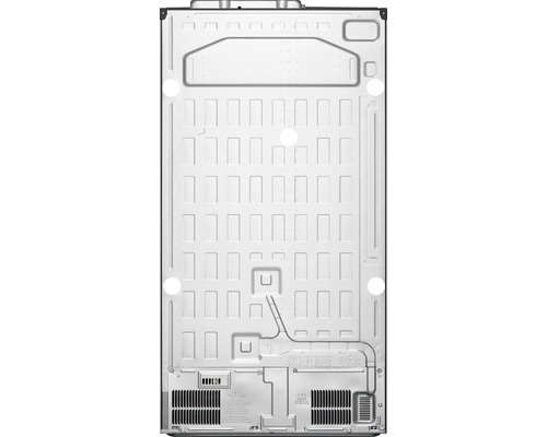 Rückansicht eines Kühlschranks zur Darstellung der technischen Details und Komponenten.