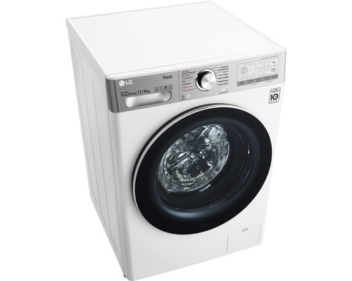 Weiße LG Waschmaschine mit einer Kapazität von 12/8 Kilogramm.
