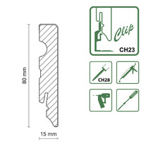 Schema einer Sockelleiste mit Clipbefestigung, Abmessungen und Montagehinweisen