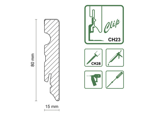 Schema einer Sockelleiste mit Clipbefestigung, Abmessungen und Montagehinweisen