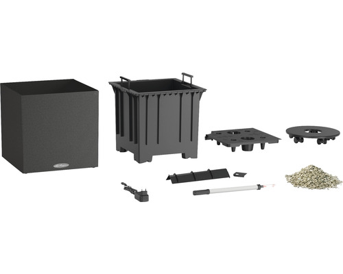 Komplettes Pflanzgefäß-Set mit Pflanzgefäß, Innentopf, Bewässerungssystem, Füllmaterial und Zubehör.