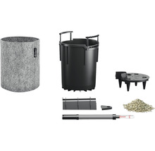 Komplettset bestehend aus Pflanzgefäß, Pflanzeinsatz, Erdfeuchtemesser, Substrat und Zubehör