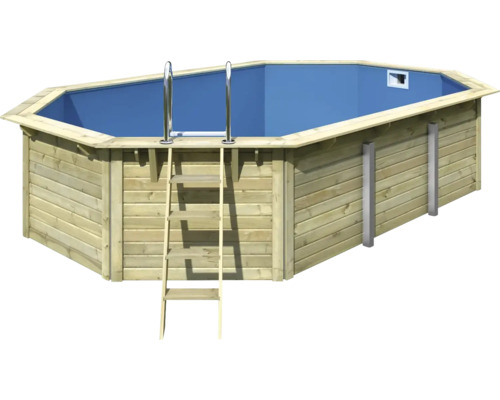 Aufstellpool Holzpool-Set Karibu X4 achteckig 357,5x568,5x121 cm inkl. Bodenschutzvlies blau