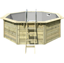 Sechseckiger Pool mit Holzverkleidung und Leiter