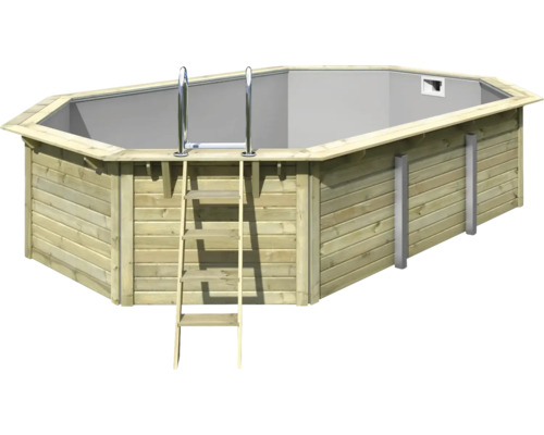 Aufstellpool Holzpool-Set Karibu X4 achteckig 357,5x568,5x121 cm inkl. Bodenschutzvlies grau