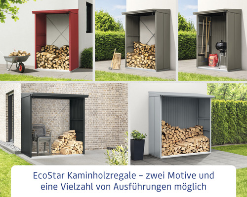 Verschiedene EcoStar Kaminholzregale im Außenbereich mit Brennholz, Gartengeräten und Gartenmöbeln.