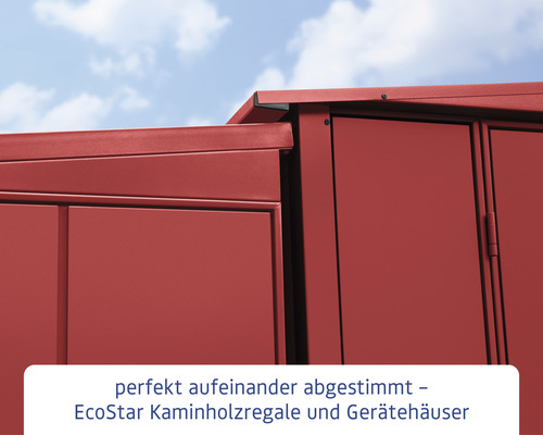 Detailansicht eines Gerätehauses und eines Kaminholzregals